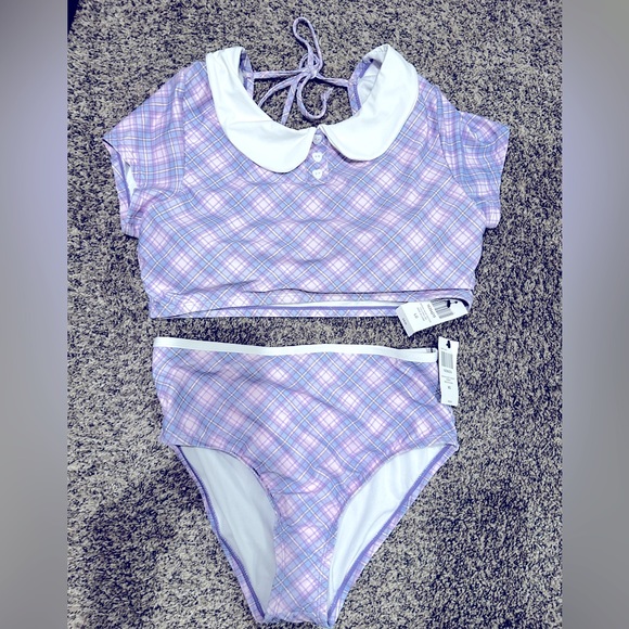 Hot Topic Kawaii Pink & Purple Plaid Collared Swim Top & High waisted bottoms - Picture 5 of 13